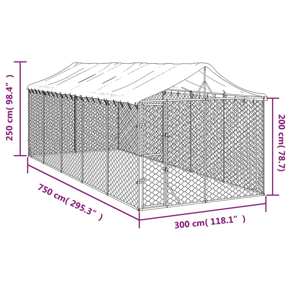 Chenil d'extérieur pour chiens avec toit argenté 3x7,5x2,5 m
