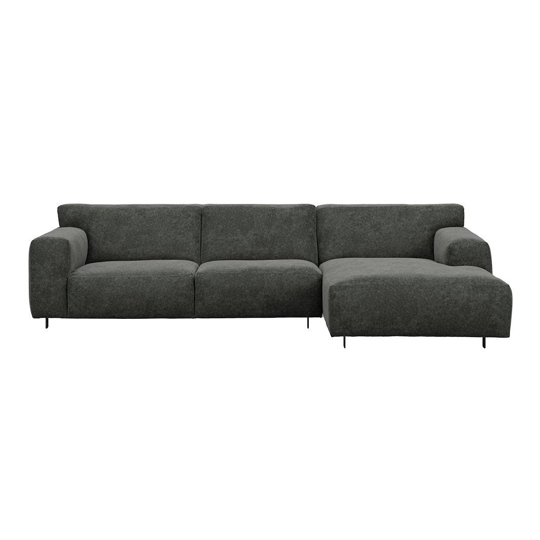 Vesta 2,5-seter med sjeselong høyre I Tekstil Eros Antracit, standardsøm, sort metallben 10 cm, Comfort CM