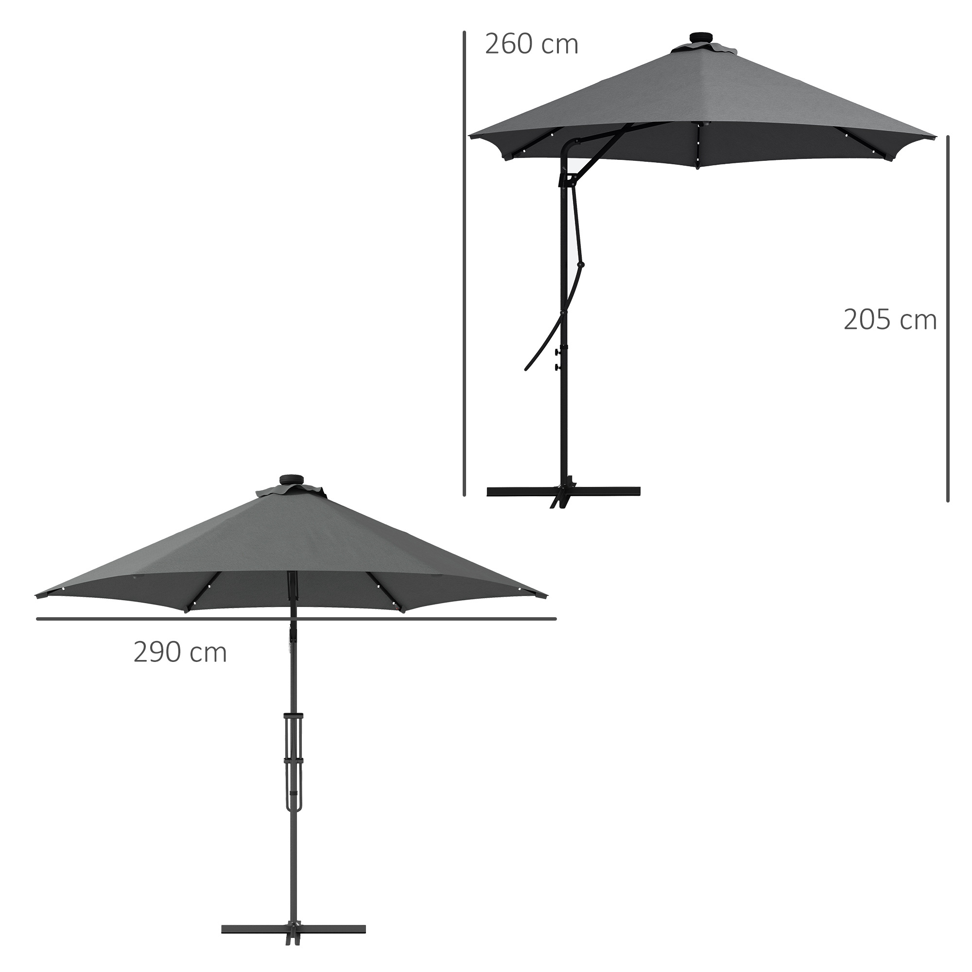Guarda-sol de braço articulado Outsunny de 3 m com luzes LED, guarda-sol de jardim com manivela e base cruzada, guarda-sol lateral para pátio e terraço, cinza escuro