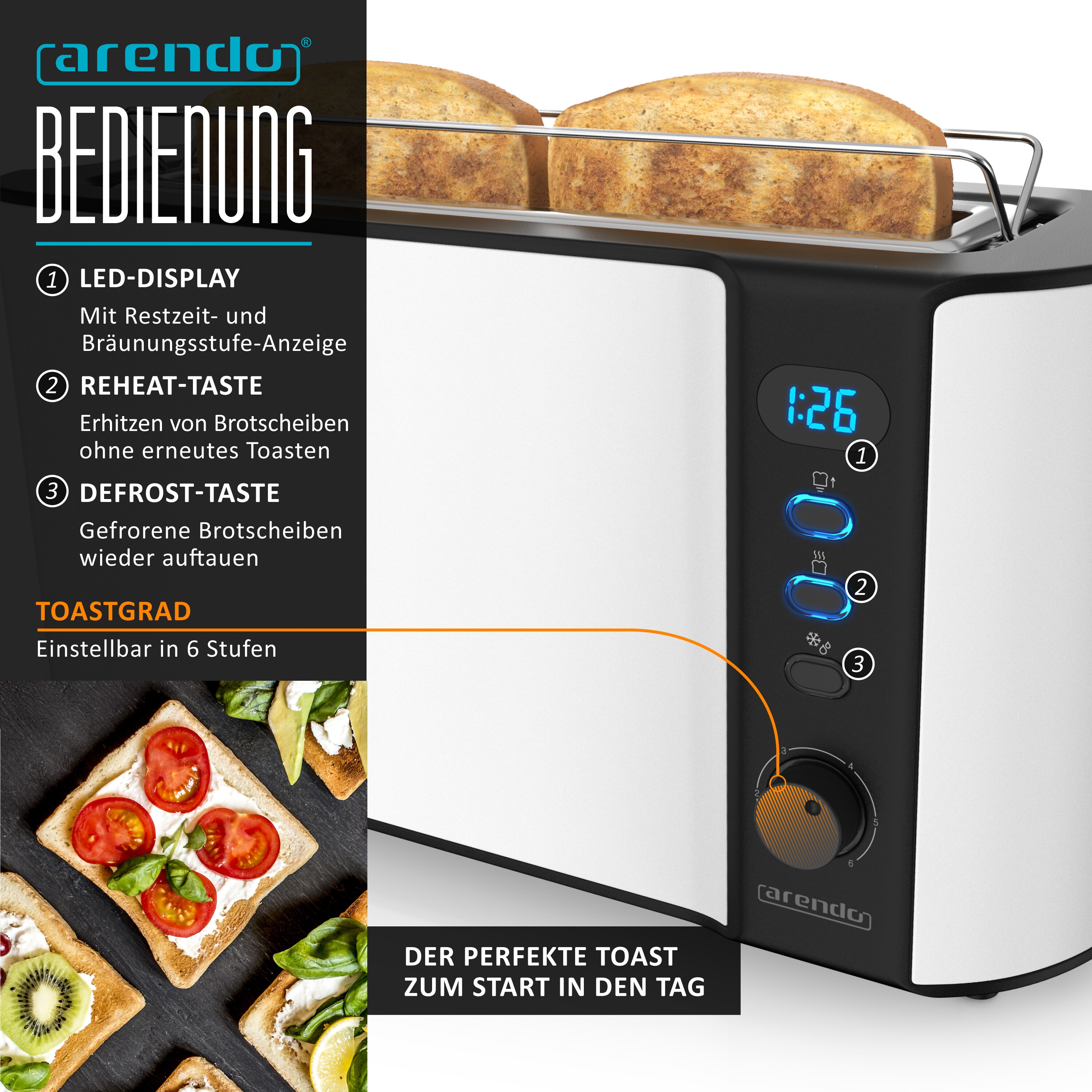 Arendo Frühstücks-Set, 2-Scheiben Langschlitz-Toaster/Wasserkocher 1,5L, Weiß