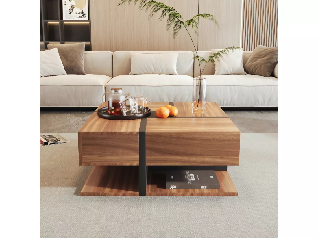 Table basse carrée haute brillance, avec 4 tiroirs, design uniques, espace de rangement en bas, 78x78x36cm naturel