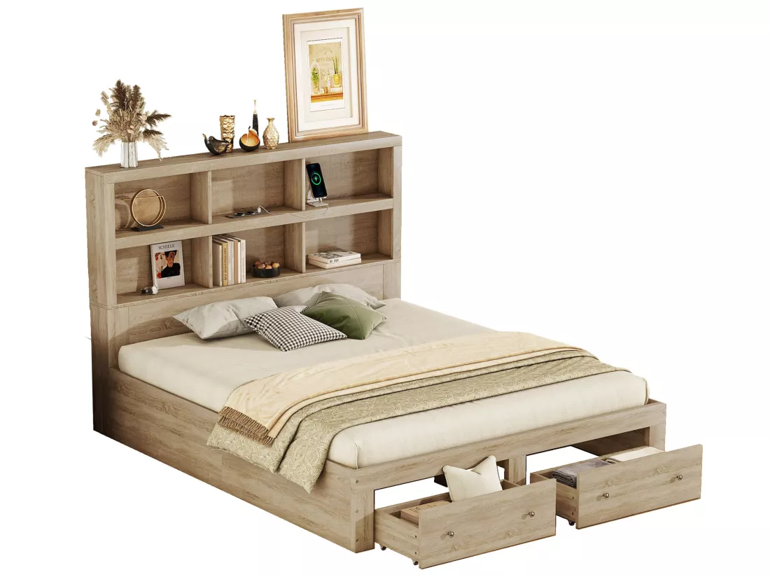 Lit double en bois massif avec tiroirs de rangement et tête de lit, naturel
