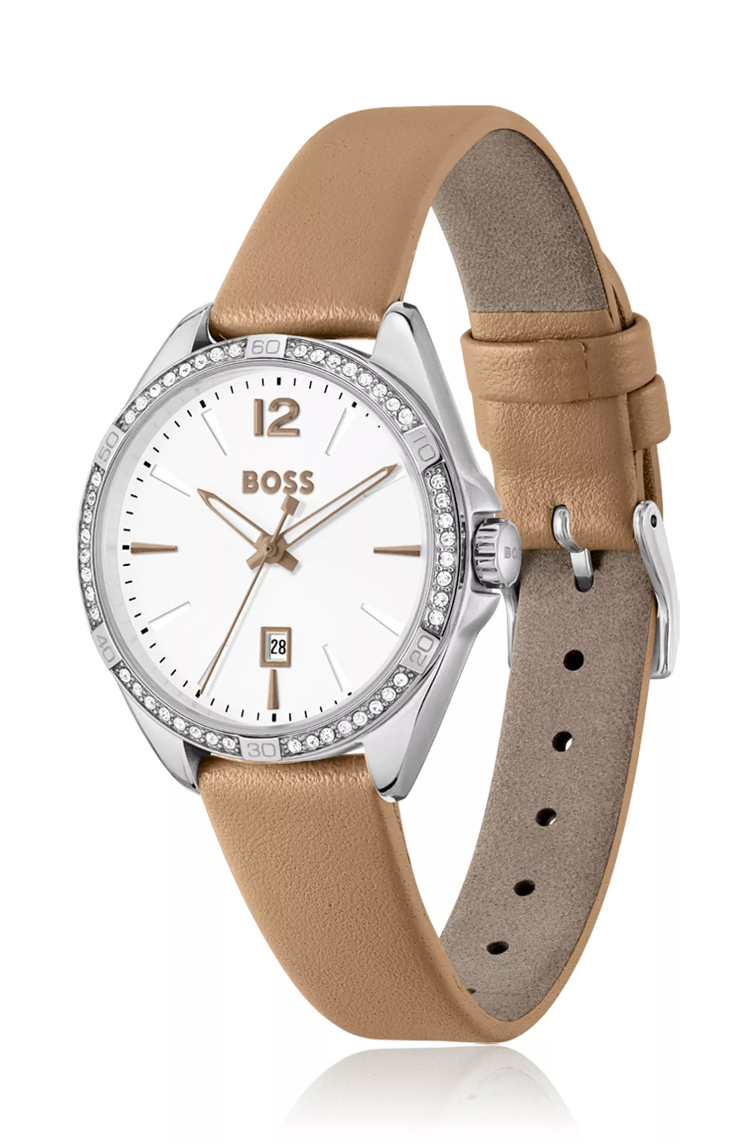 Relógio BOSS em aço inoxidável preto com bisel cravejado de cristais.
