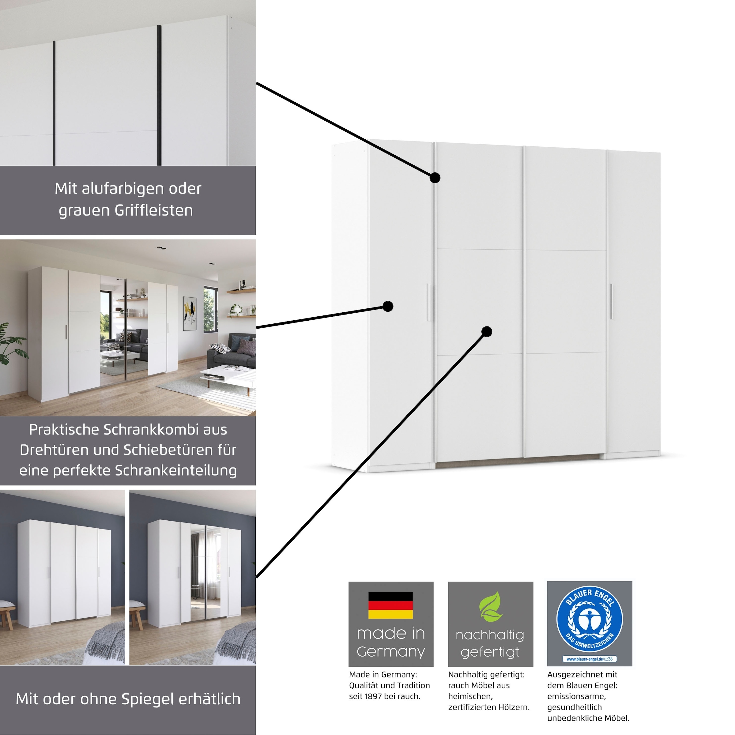 rauch Schwebetürenschrank »Kleiderschrank Drehtürenschrank Schrank Garderobe KRONACH TOPSELLER« in 3 Ausstattungen BASIC/CLASSIC/PREMIUM, Breiten 225/268/311/354 cm,  mit Dreh- und Schwebetüren und Spiegel, viele Böden MADE IN GERMANY