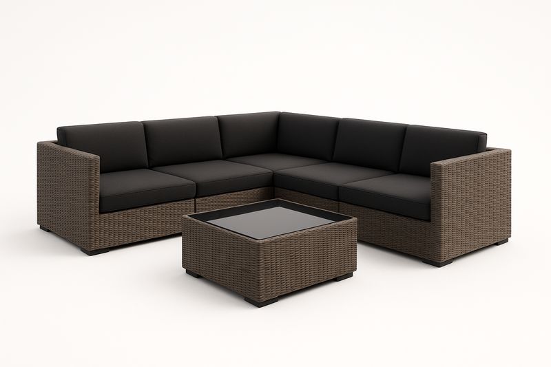 Ecksofa Set Polyrattan mit Glastisch Braun/Schwarz