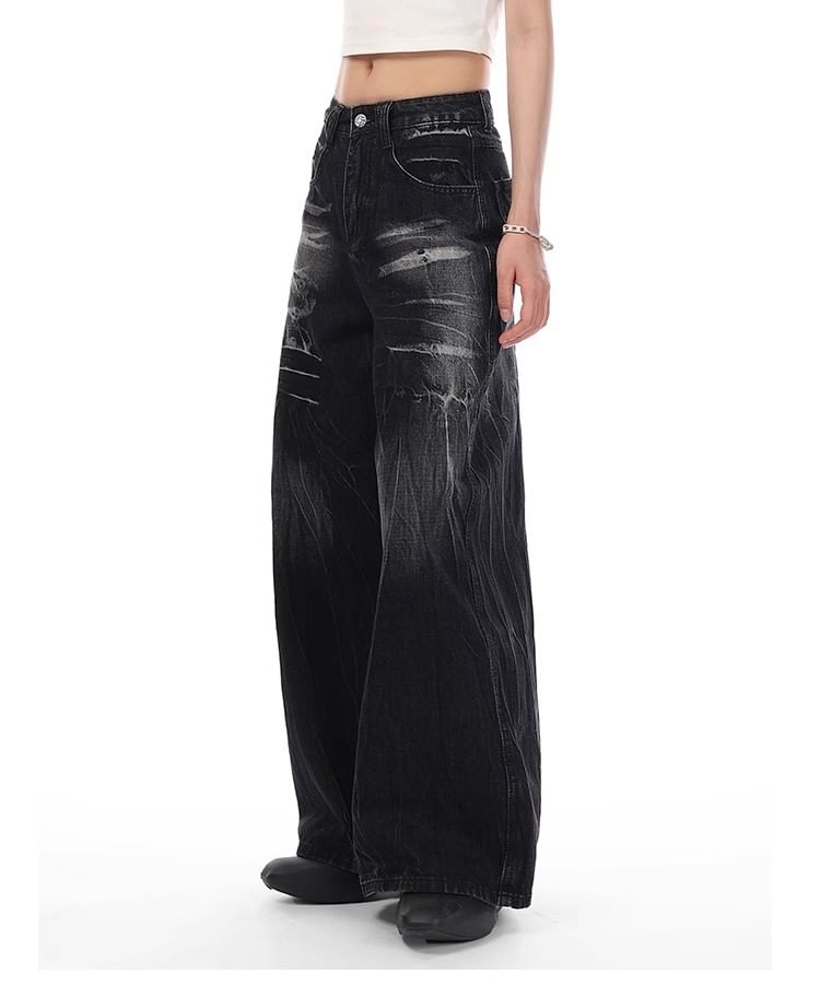 rinkoplan - Low Waist Washed Wide Leg Jeans