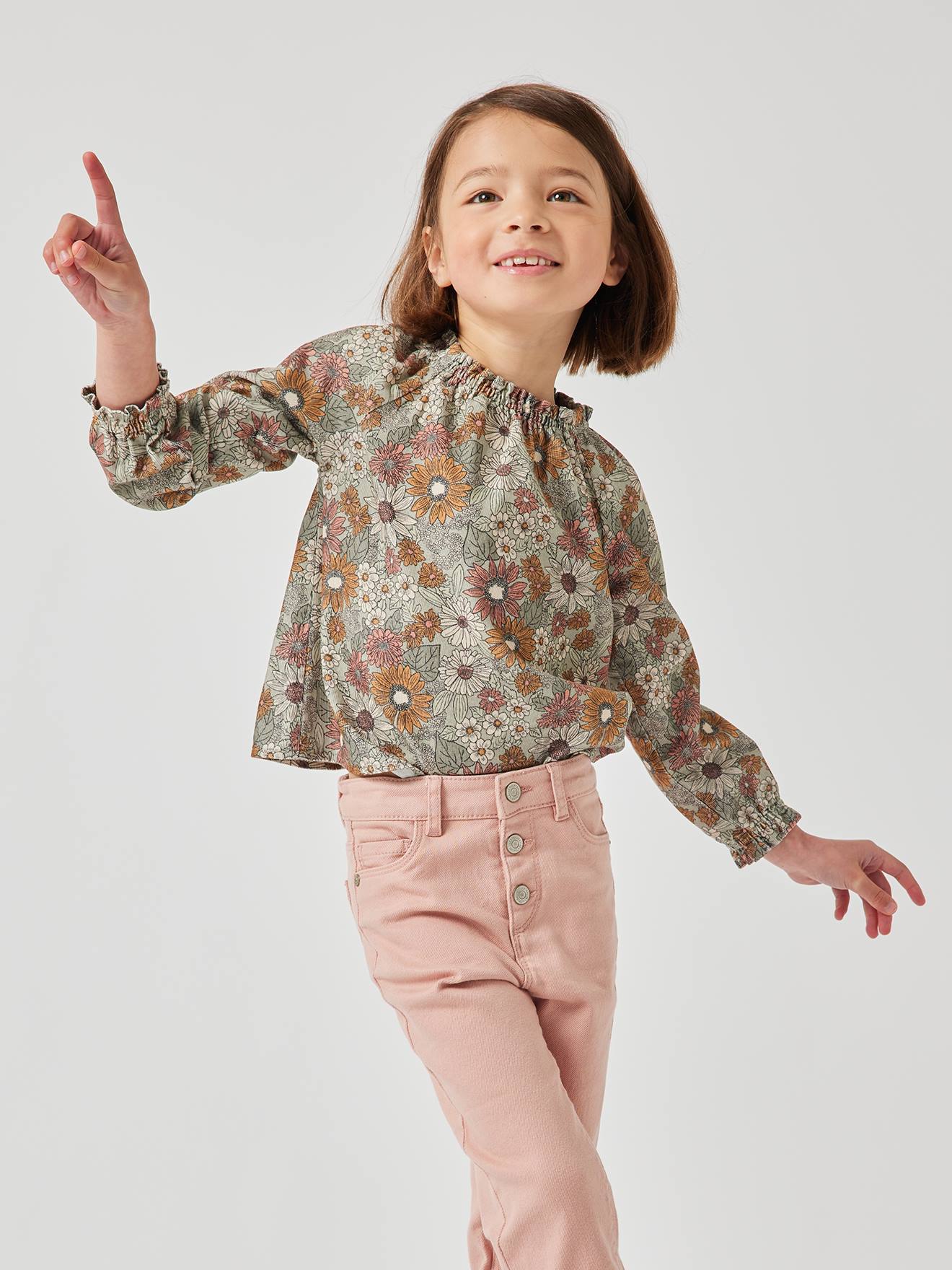 Blusa de veludo cotelê rosa antigo com estampa floral para meninas