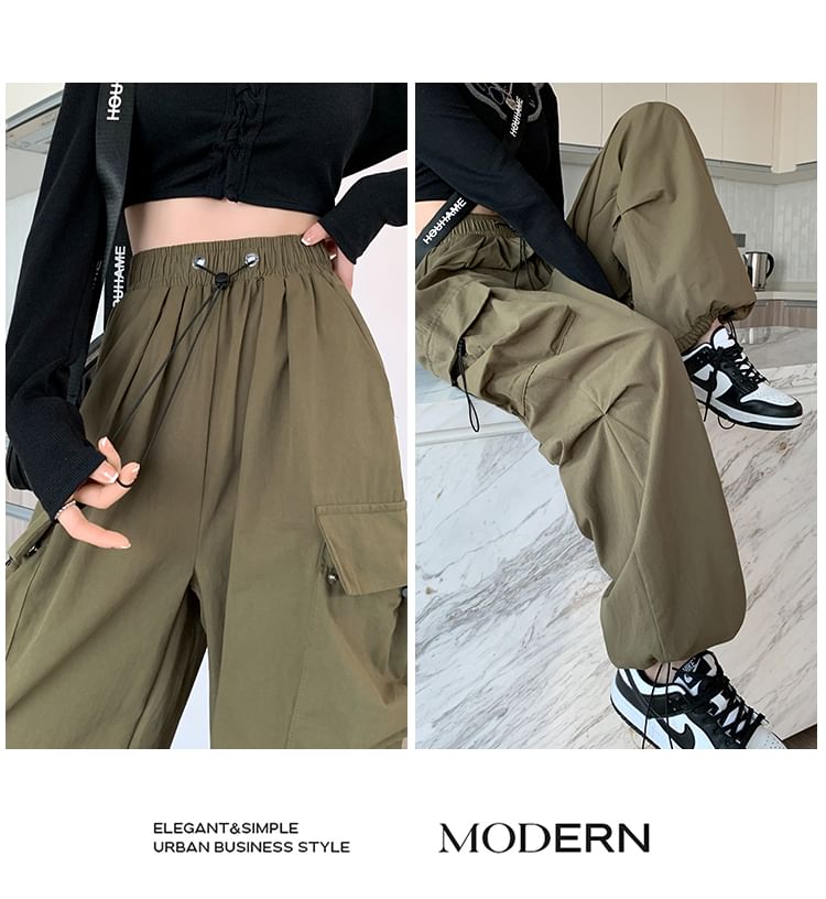 Secolo - Hoge taille, effen, baggy cargobroek met trekkoord