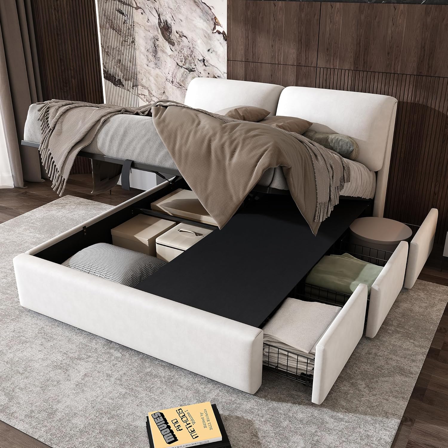 Polsterbett Doppelbett 140x200 cm mit 3 Stauraum Schubladen, Bett mit Stauraum und Kopfteil, Stauraumbett mit Hydraulische Metallrahmen und Lattenrost aus Holz, Samt, Beige, Ohne Matratze