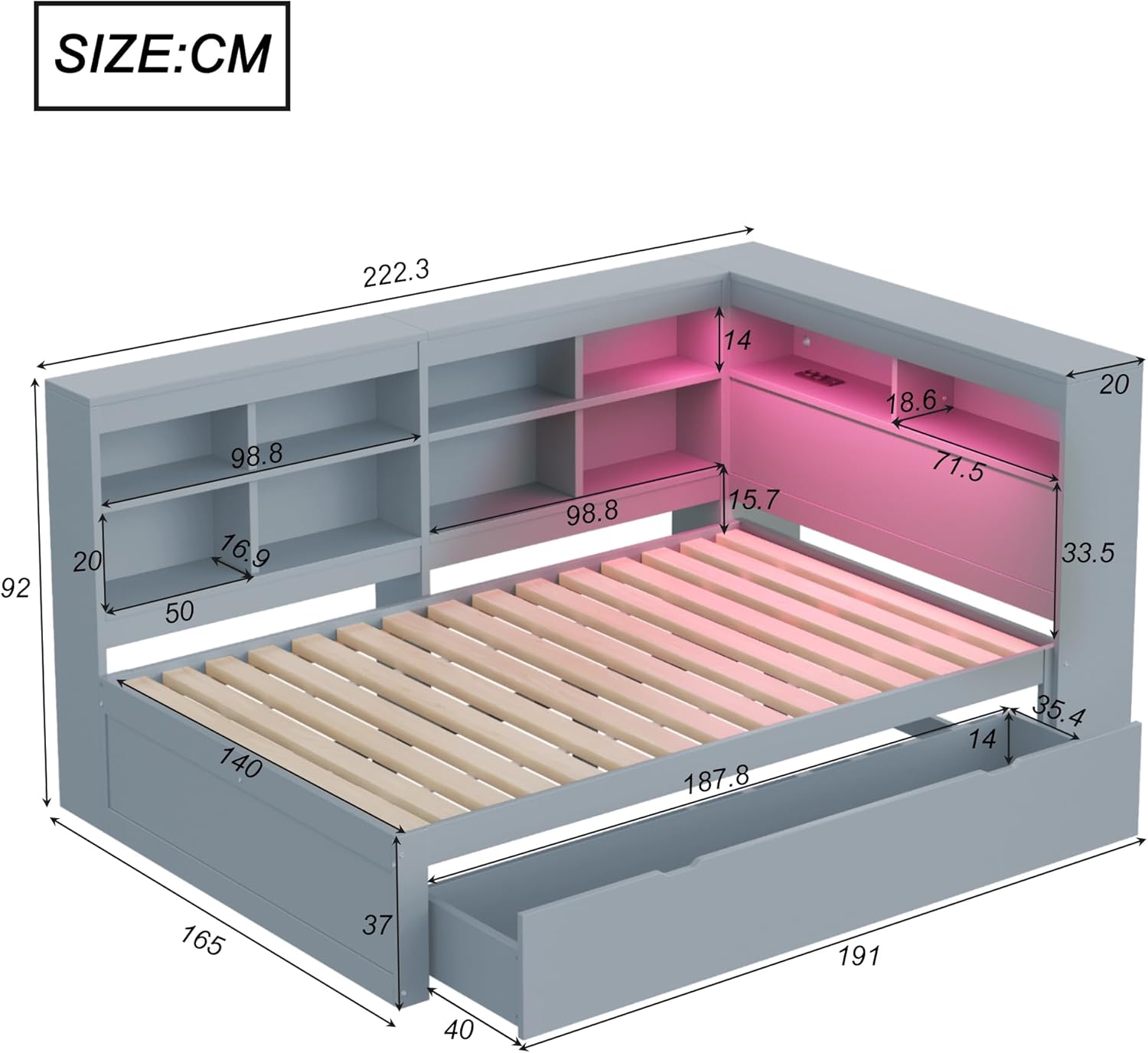Merax Schlafsofa 140 x 200 cm mit Schubladen, Holz Bett mit USB-Steckdose und LED-Lichtleiste, Grau (Ohne Matratze)