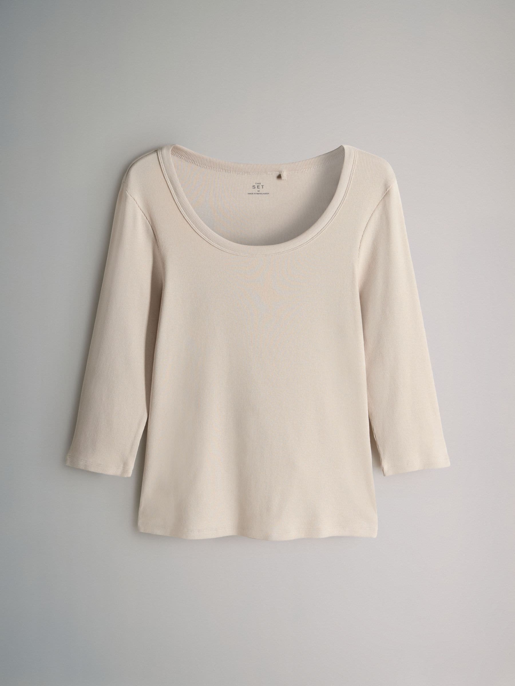 Stripe/Chocolate/Taupe Brown/Stone - The Set 4 Pack Scoop Neck 3/4 Sleeve Ribbed T-Shirts