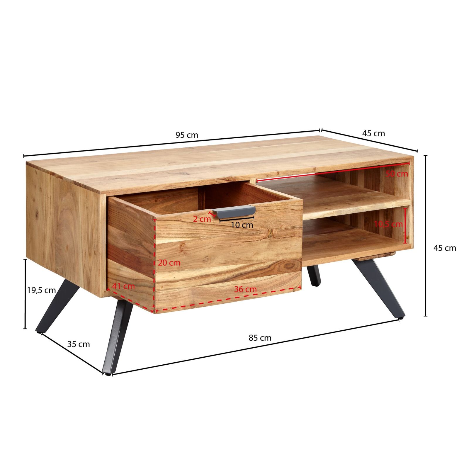 Couchtisch - Akazie massiv - mit Schublade - 95 cm