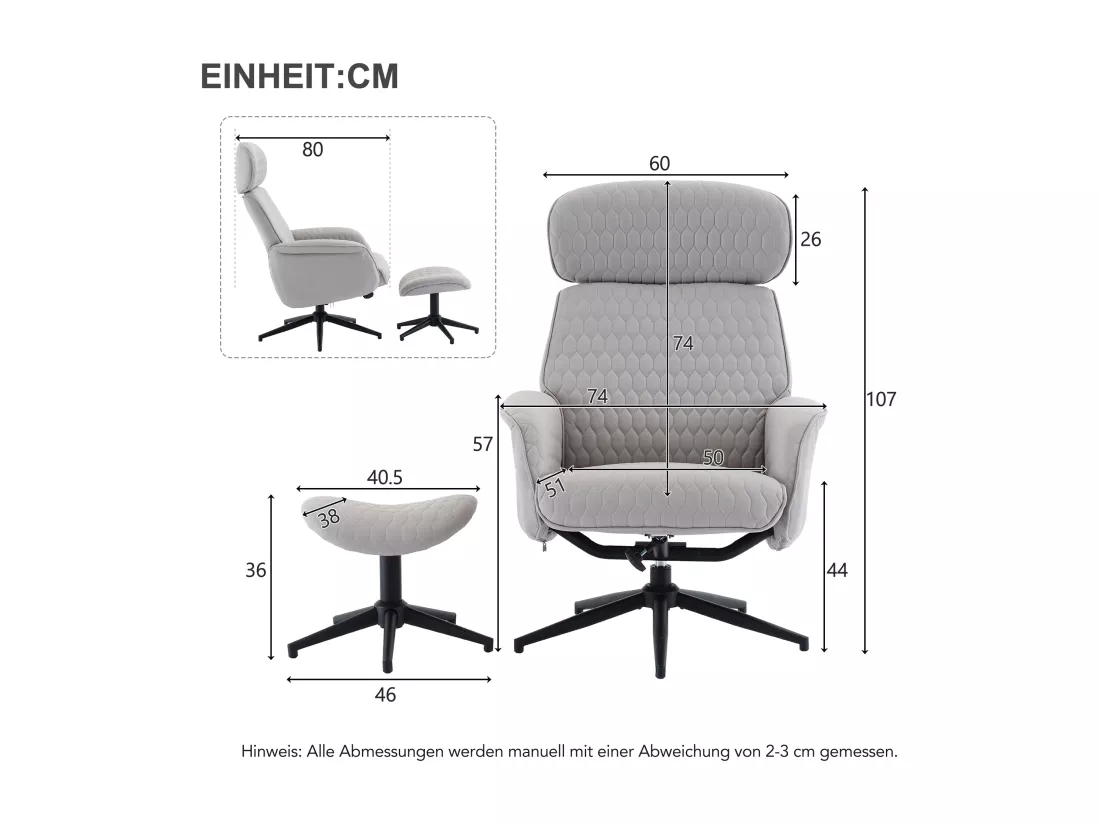 Chaise pivotante à 360° avec inclinaison réglable (95-125°) - Repose-pieds - Tissu technique - Gris