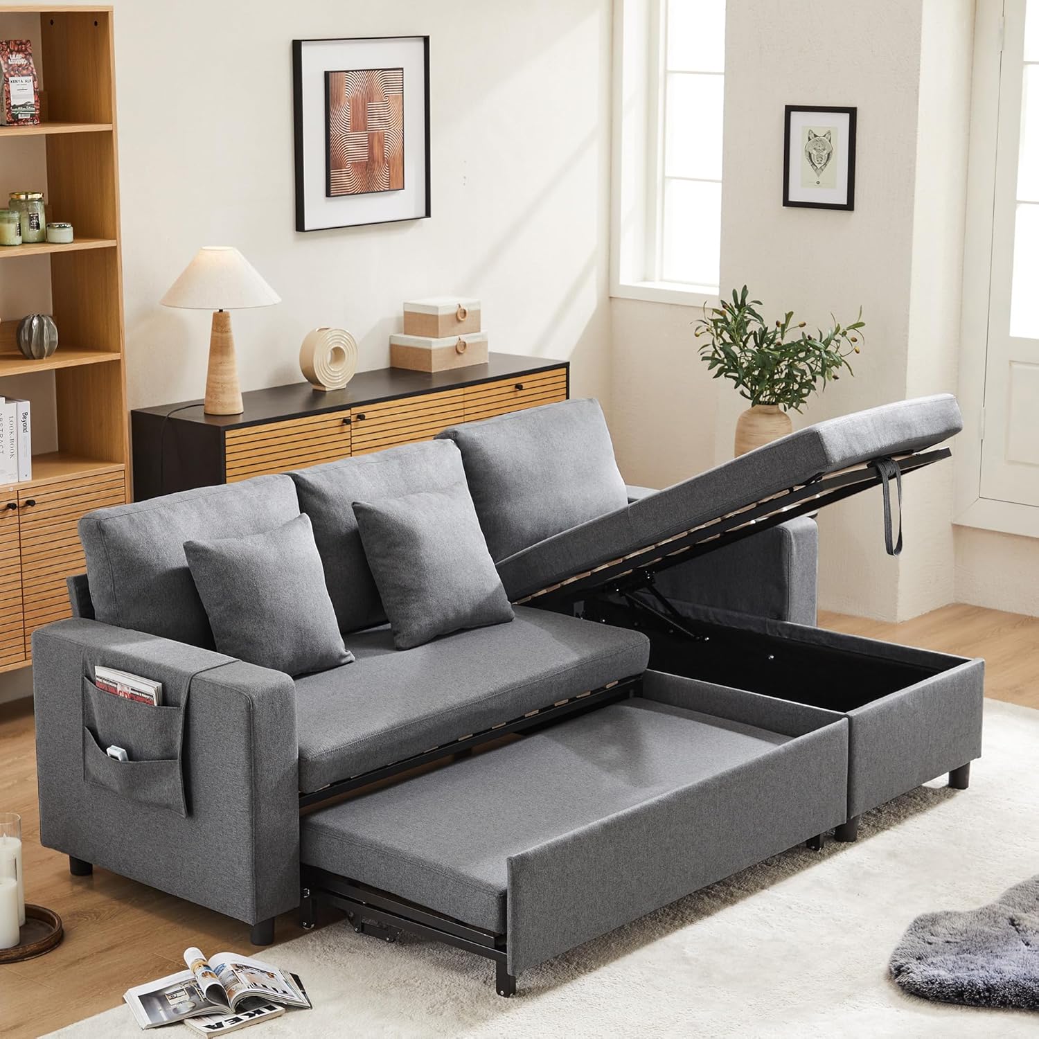 Merax Ecksofa mit Schlaffunktion, Praktisches Schlafsofa mit Bettkasten, L-Form Schlafcouch mit Stauraum und Seitentaschen, Moderne 3-Sitzer-Couch für Wohnzimmer und Schlafzimmer, Dunkelgrau