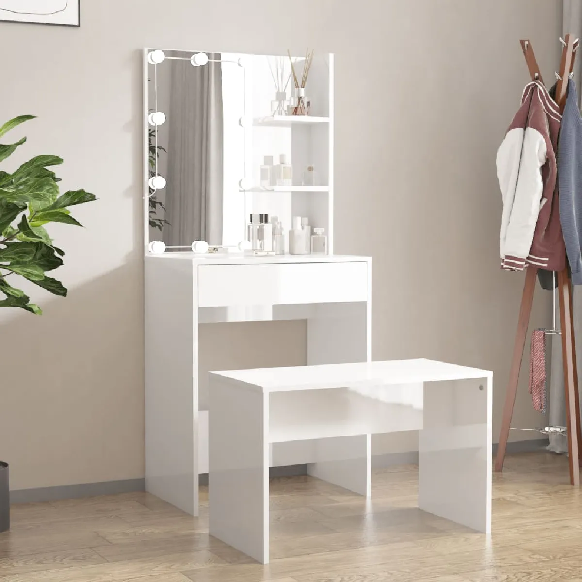vidaXL Ensemble de coiffeuse LED - Blanc brillant