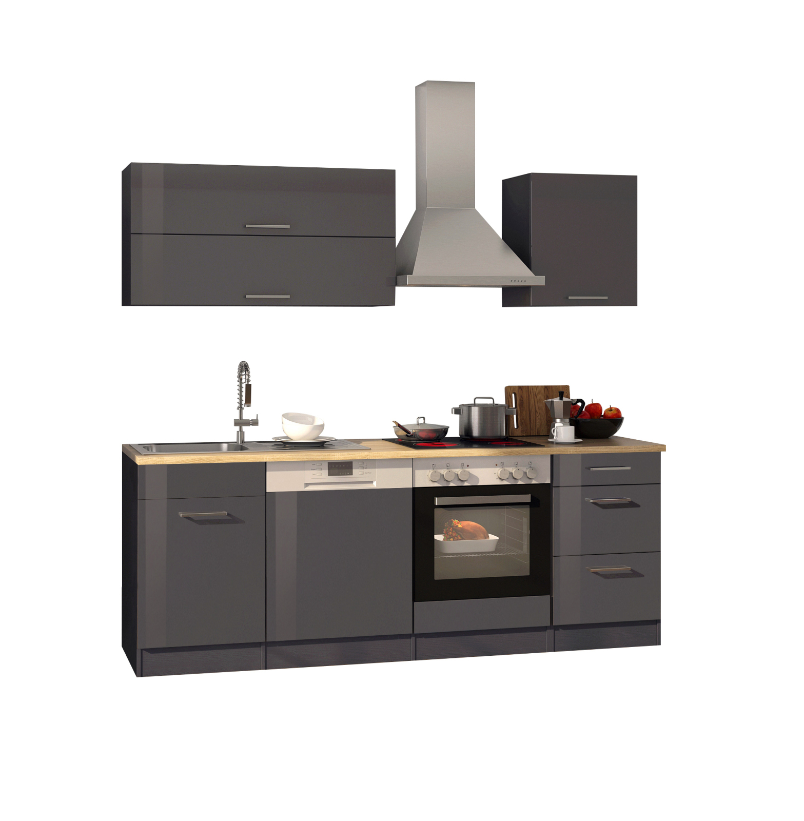 Küchenblock ROM - grau Hochglanz - mit E-Geräten - 220 cm