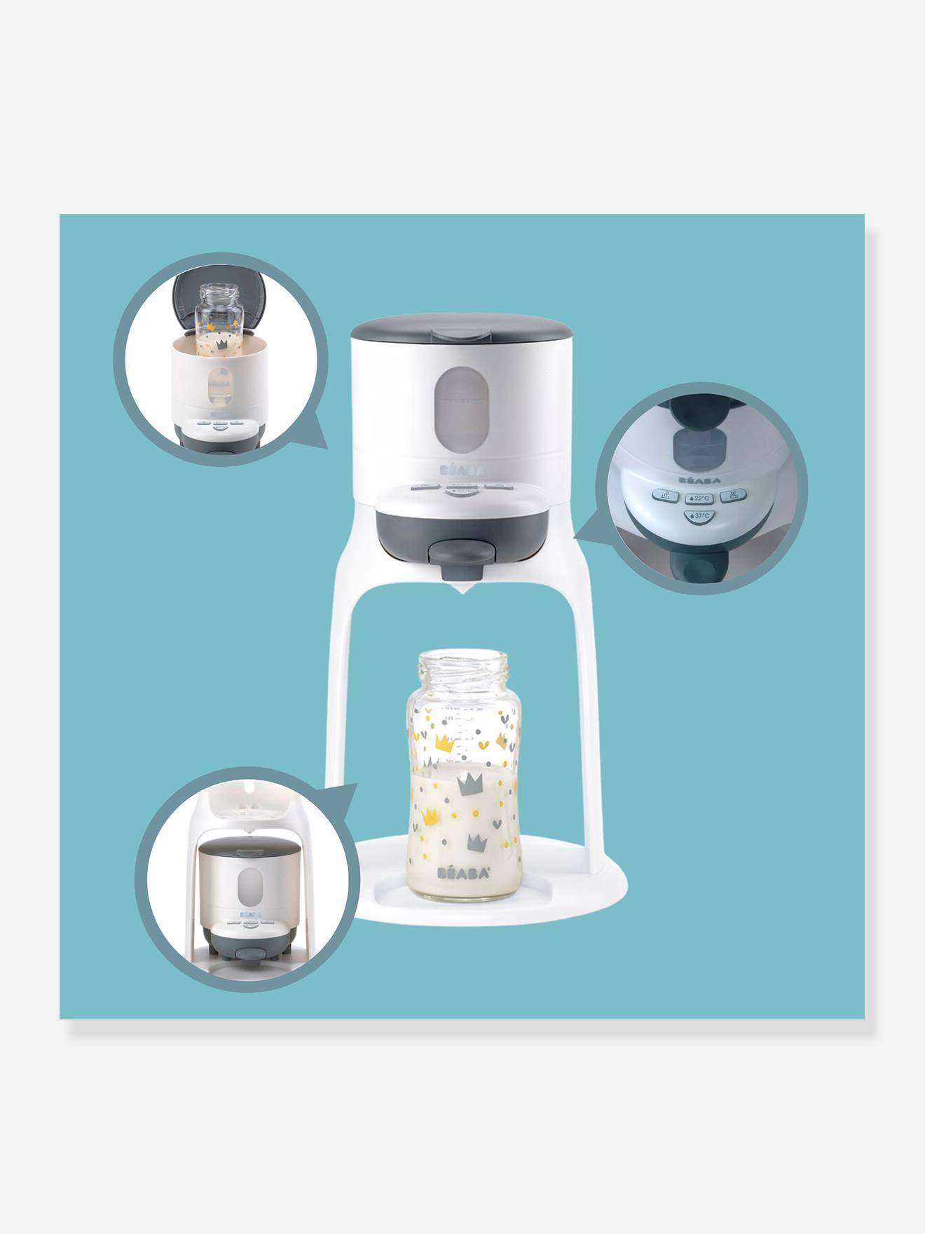Preparador de mamadeiras 2 em 1 BEABA Bib'Expresso®, branco escuro liso