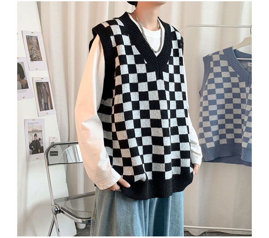 Whyessa - V-hals geruit oversized gebreid vest