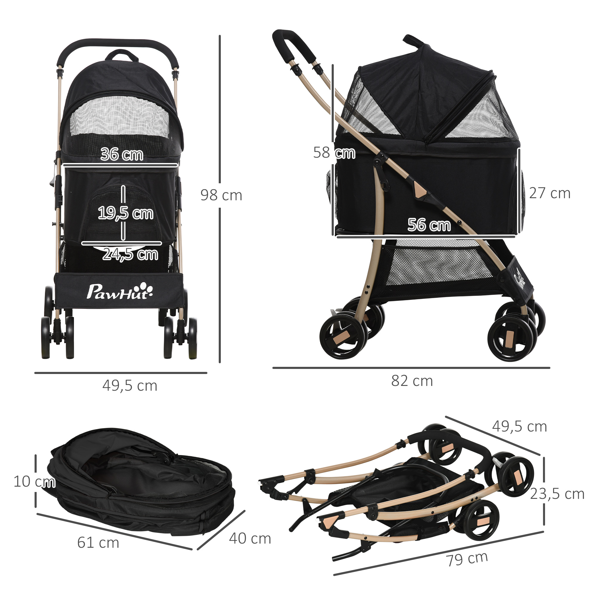 Carrinho para animais de estimação PawHut 3 em 1 para cães e gatos, com bolsa de transporte dobrável e removível, cesto de armazenamento e freios. Fabricado em tecido Oxford 600D, suporta até 15 kg e mede 82 x 49,5 x 98 cm, na cor preta.