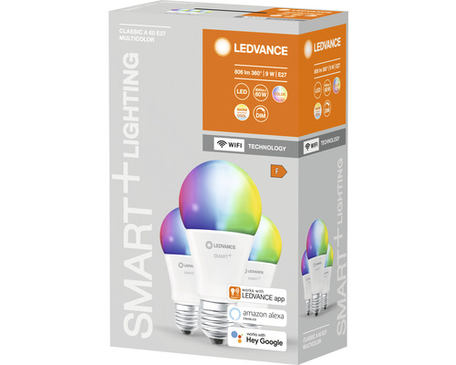 Ledvance Smart WIFI LED-lampen dimbaar A60 E27/9W (60W) mat 806 lm 2700-6500 K RGBW 3-pack