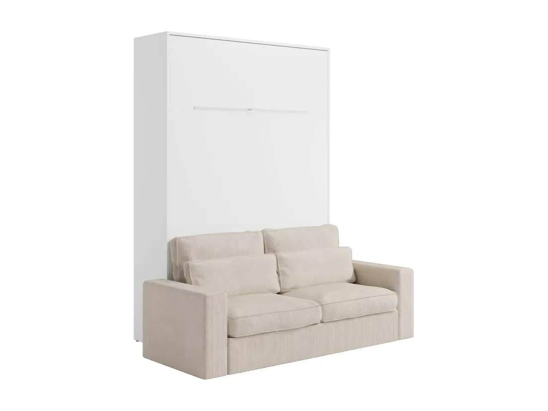 Lit escamotable 140 x 200 cm - Ouverture verticale manuelle - Avec LEDs - Blanc + Matelas + Canapé - RAPILI