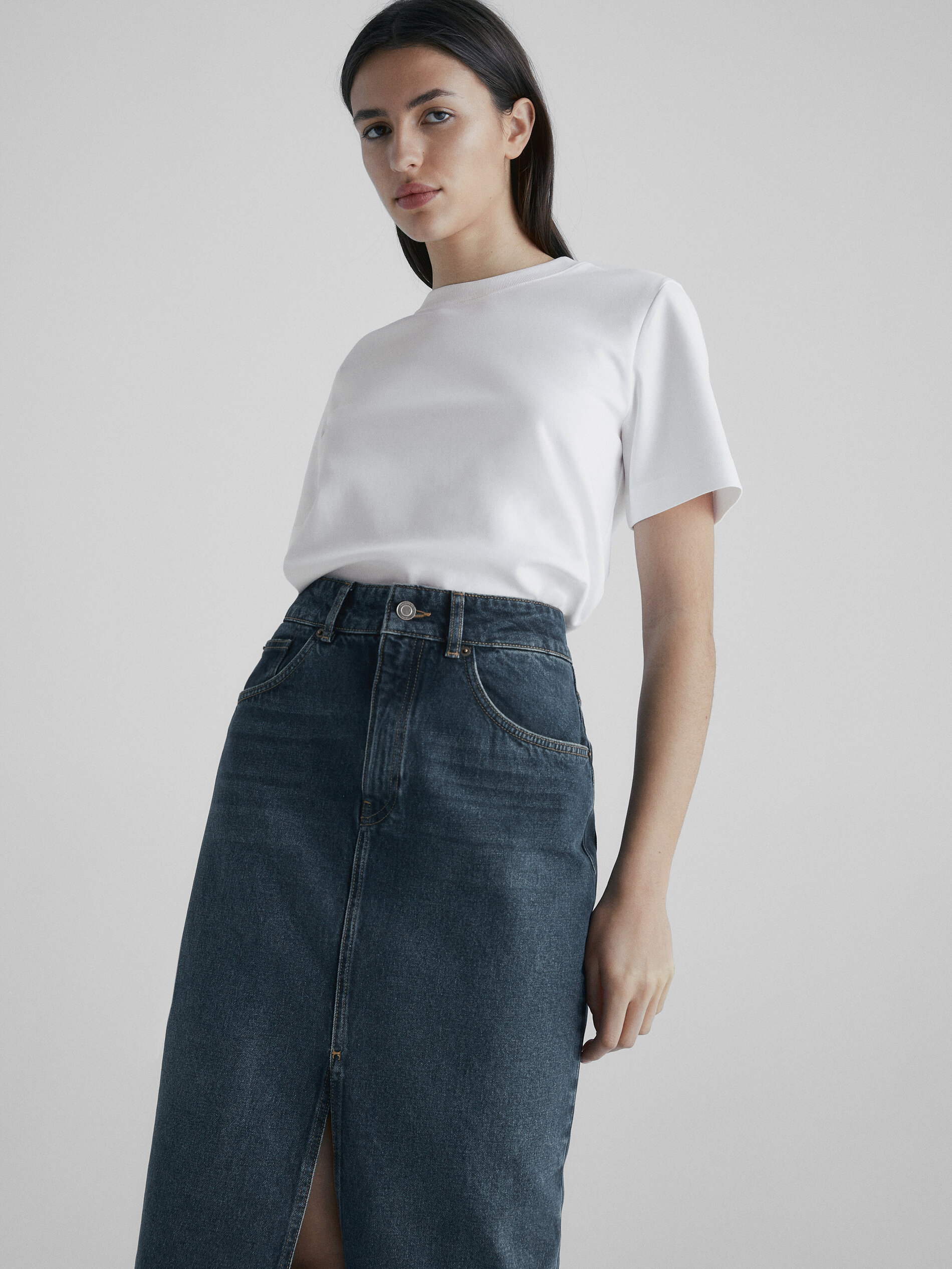 Saia jeans de cintura alta com efeito lavado - AZUL MÉDIO