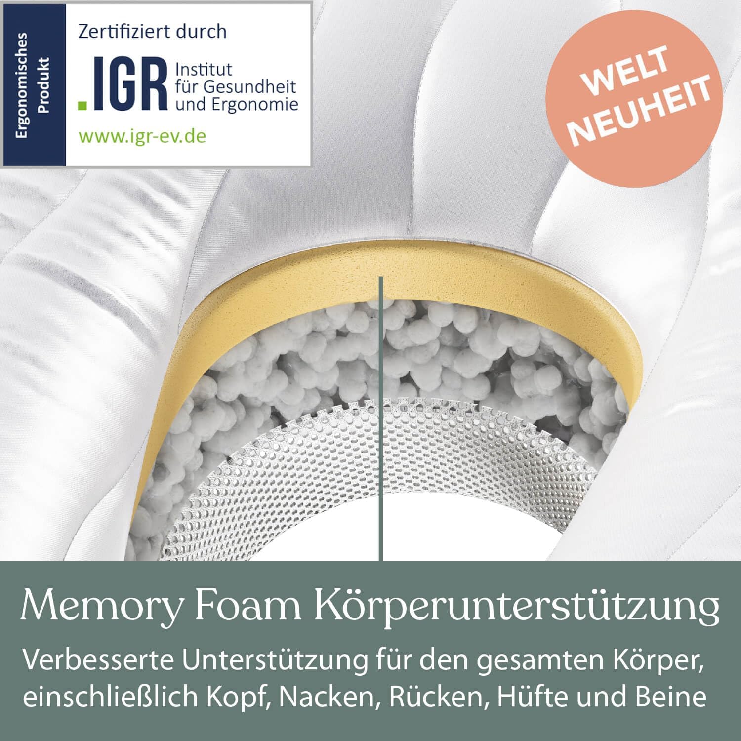 Traumreiter Seitenschläferkissen Visco XXL Professional mit Bezug Grau Deluxe, Hybrid Wendekissen + 1cm Memory Foam, U Form Schwangerschaftskissen Body Pillow Komfortkissen, Ergonomie Zertifiziert