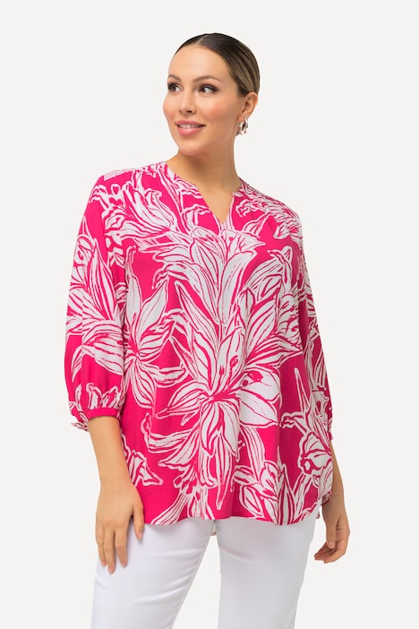 Tunika, Blüten, A-Linie, Tunika-Ausschnitt, 3/4-Arm