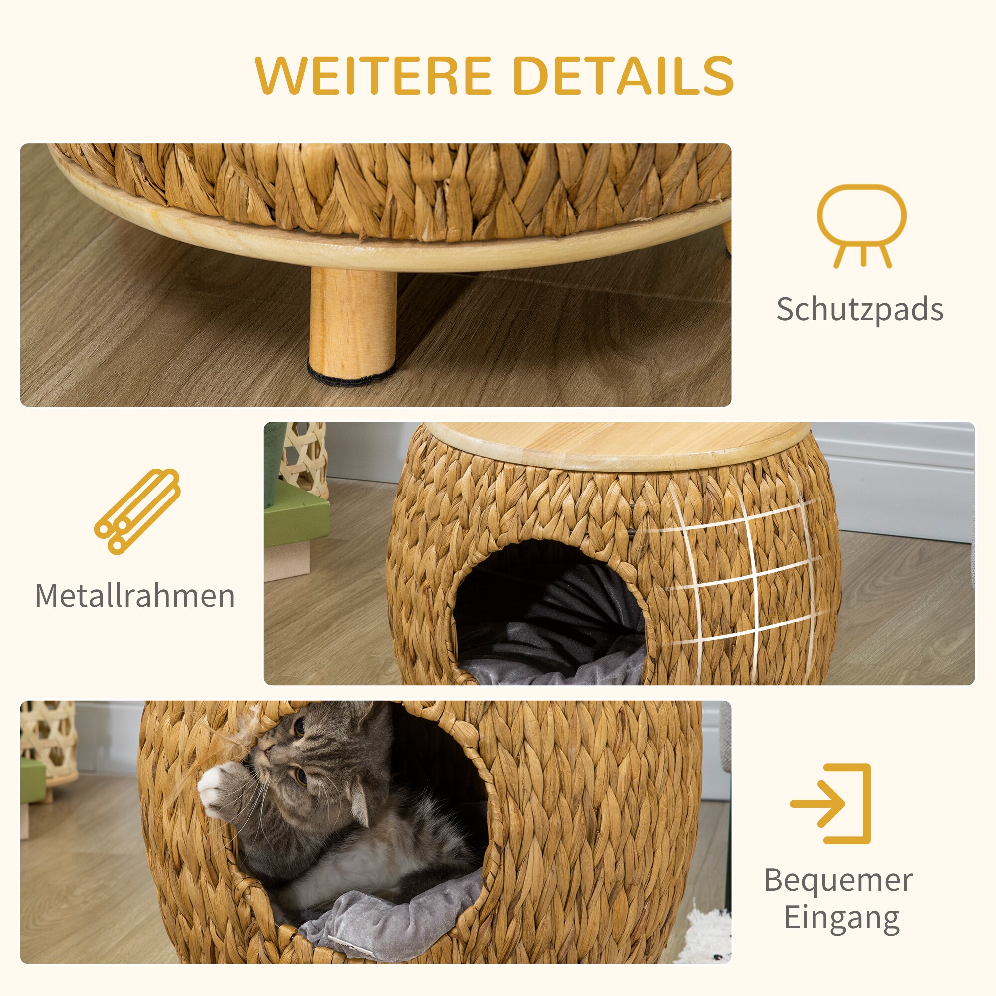 PawHut Rattan Katzenhaus mit Kissen natur 44L x 43B x 42H cm