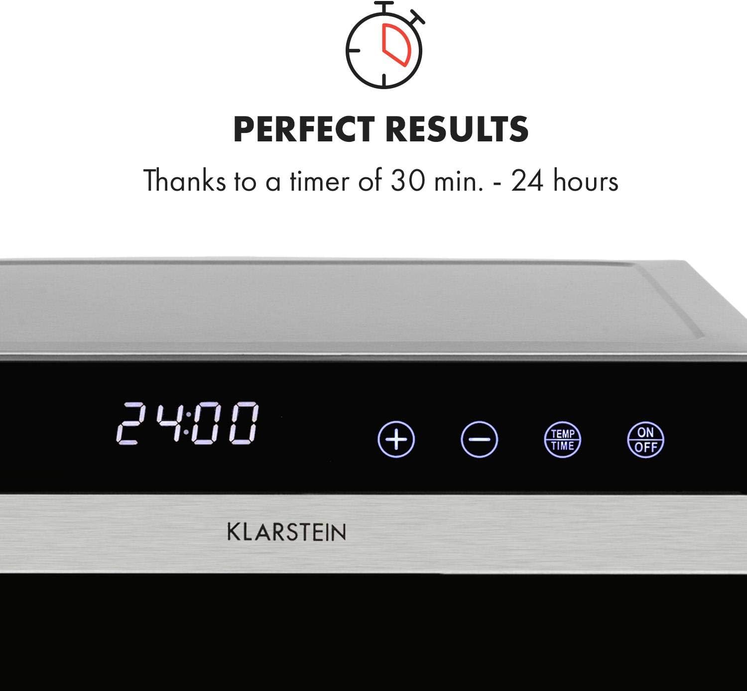 Klarstein Flavour Dry Dörrautomat Mit Edelstahl-Gehäuse, 6 Ablagegitter, LCD-Touch-Display, Timer, 360° Airflow Circulation, Digitaler Thermostat, 35-75 C°