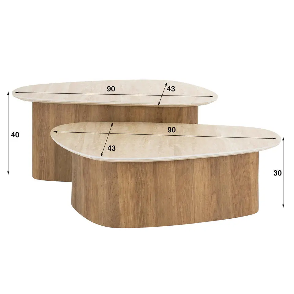 Salontafel Driehoek Walnoot/Travertin - 90x43x40cm - Set Van 2
