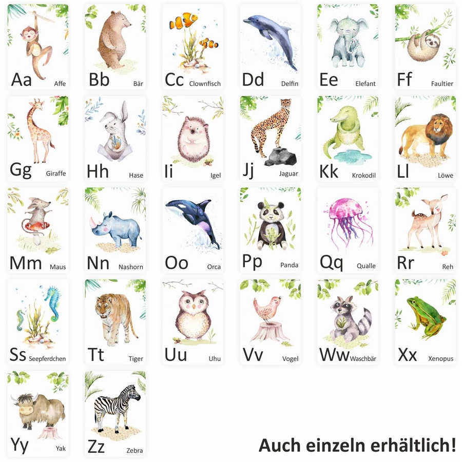 Nikima Papeterie 26 Tier Buchstabenkarten Alphabet Tier ABC Postkarten bunt