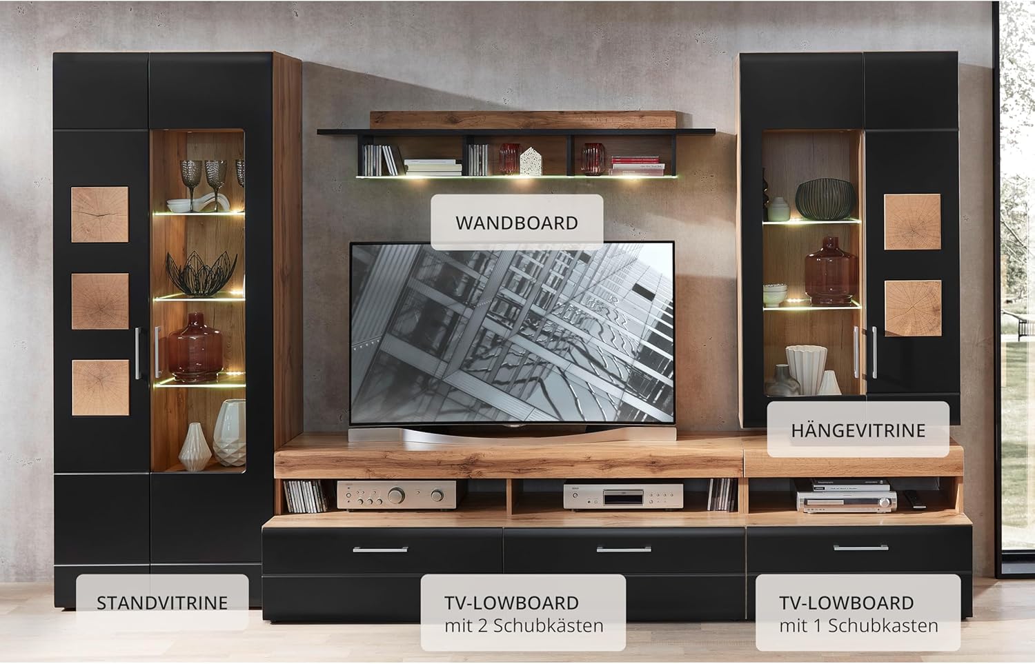Stella Trading SONATE Wohnwand Komplett-Set in Eiche Altholz Optik, Schwarz - Moderne Schrankwand mit LED-Beleuchtung für Ihr Wohnzimmer - 330 x 208 x 52 cm (B/H/T)