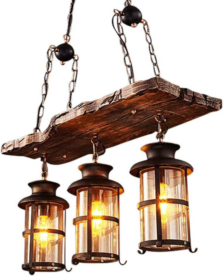 Vintage Pendellampe E27 Industrie Kronleuchter Vintage Holz Pendelleuchte Schwarz Eisen Glas Lampenschirm Höhenverstellbare Hängelampe 3 Flammen Beleuchtung Loft Esszimmer Wohnzimmer Bar Deko Lampe