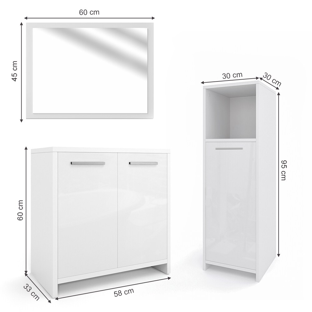 Vicco Badmöbel Set Kiko Badezimmer Spiegel Kommode Unterschrank Weiß / Weiß Hochglanz