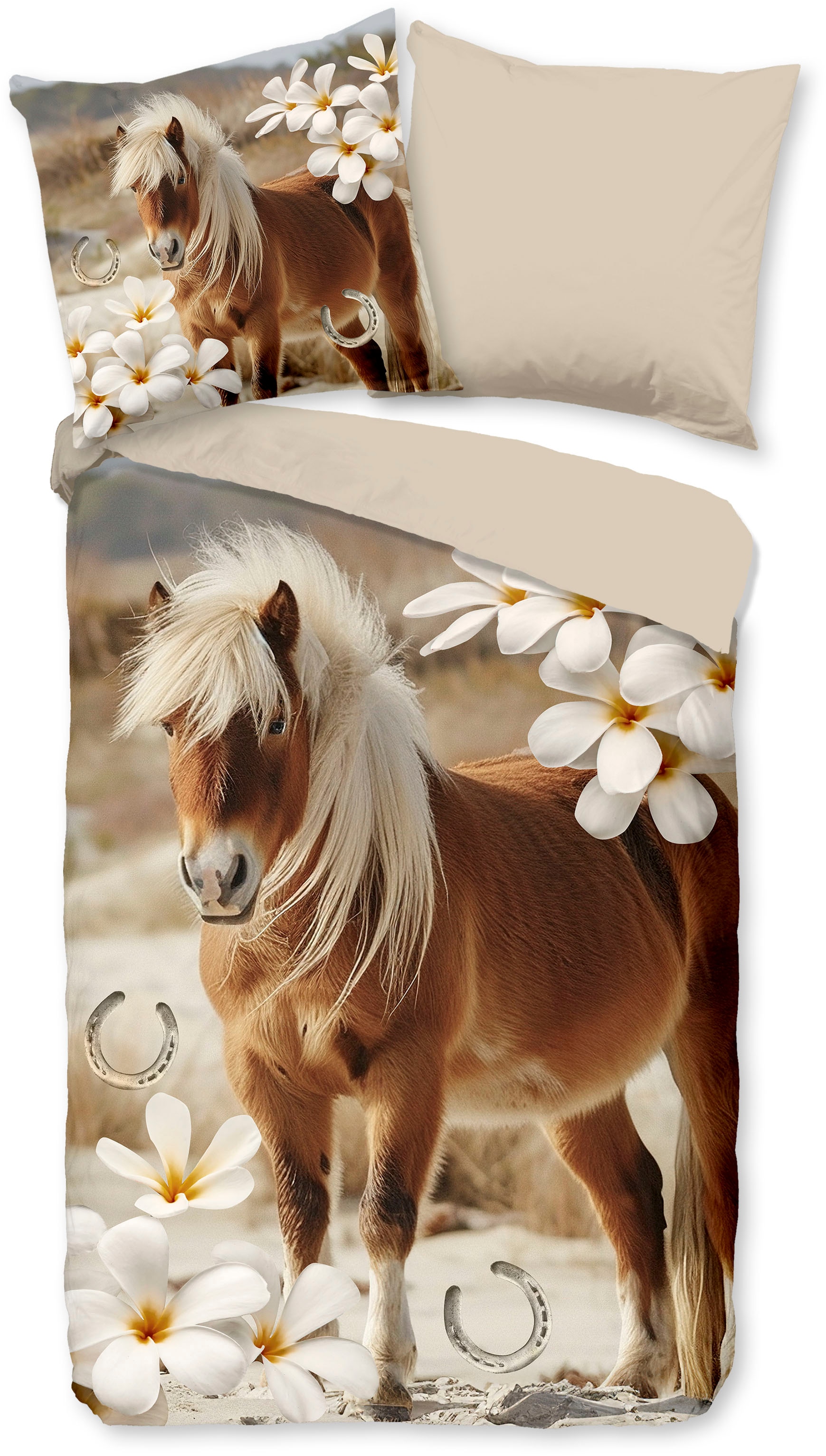 PURE luxury collection Kinderbettwäsche »Fabi« 2 Stk. tlg. Mikrofaser, 135x200, 2 Teilig, Wendeoptik, Kind, Mädchen, Pferd, Blume