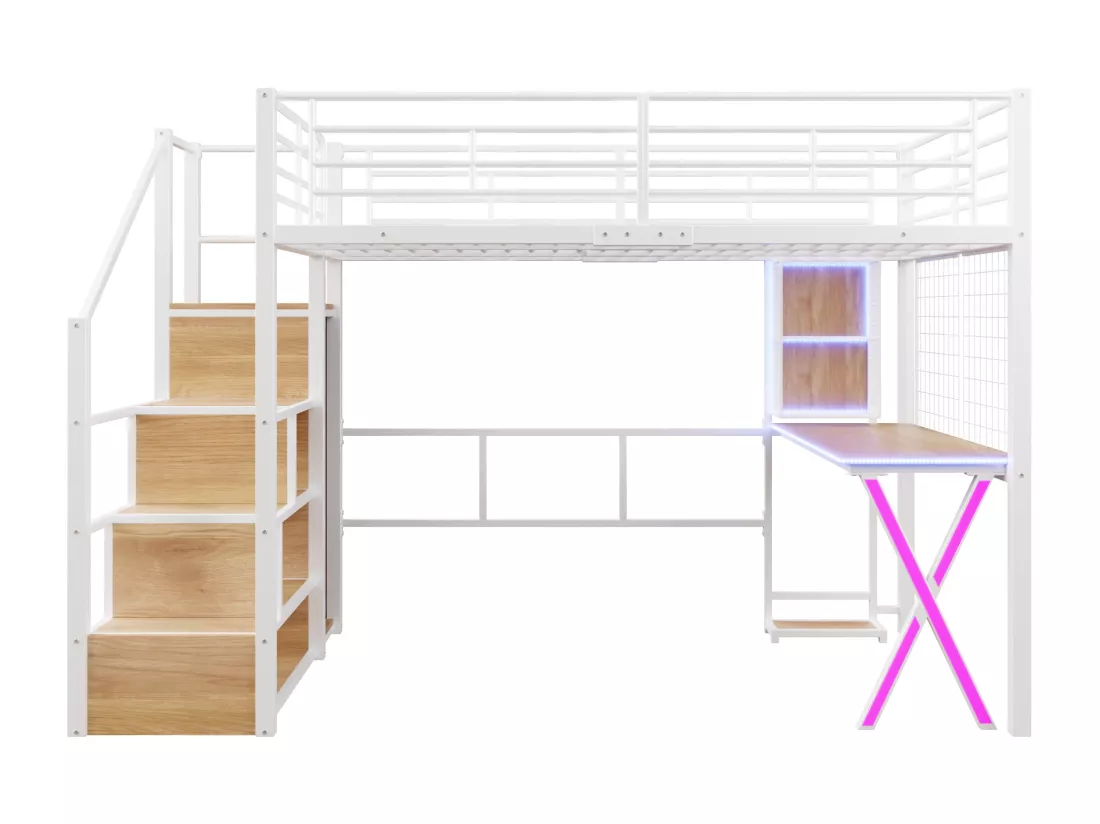 Lit mezzanine 140x200cm avec LED - bureau + penderie + échelle de rangement - Blanc