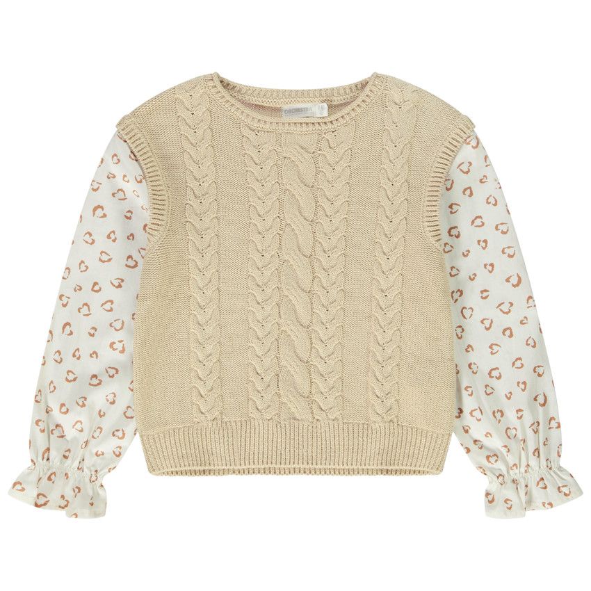 Pull en tricot effet 2 en 1 sans manches pour fille - Beige