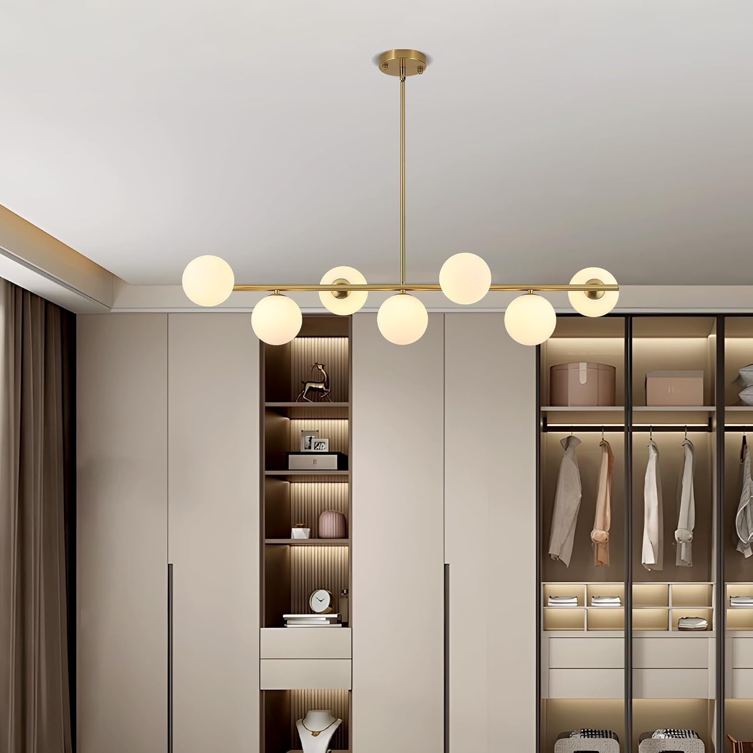 Moderne Pendelleuchte Wohnzimmer Gold,7 WeißE KugelföRmige Glas Lampenschirme Kronleuchter,HäNgeleuchte Zur Dekoration Des Schlafzimmer,Esszimmerlampe,G9 Fassung Esstischlampe,Hotel,KüChe