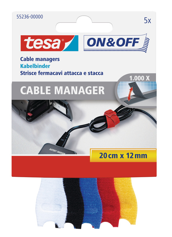Tesa Cable Manager, 5 Stück, farbig, 12 mm x 20 cm, farbig
