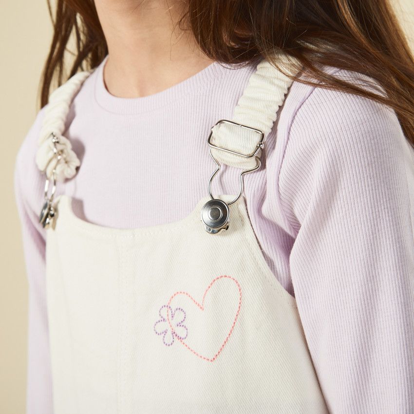 Robe salopette avec motifs surpiqués pour fille - Ecru