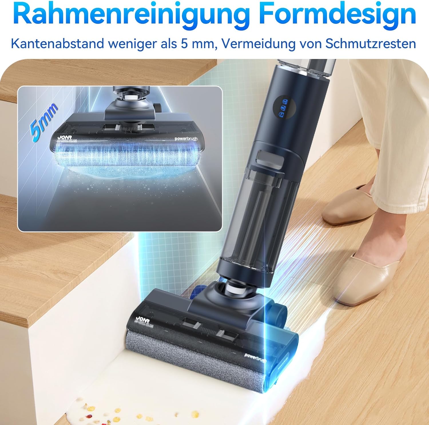 JONR ED12 Pro Nass Trockensauger Akku, Kabelloser Saugwischer, Dreikantenreinigung, Heißwasser-Selbstreinigung Heißluft-Trocknung, 850mL Wassertank, Anti-Verwirrungs-Haar für Hartböden, Tierhaare