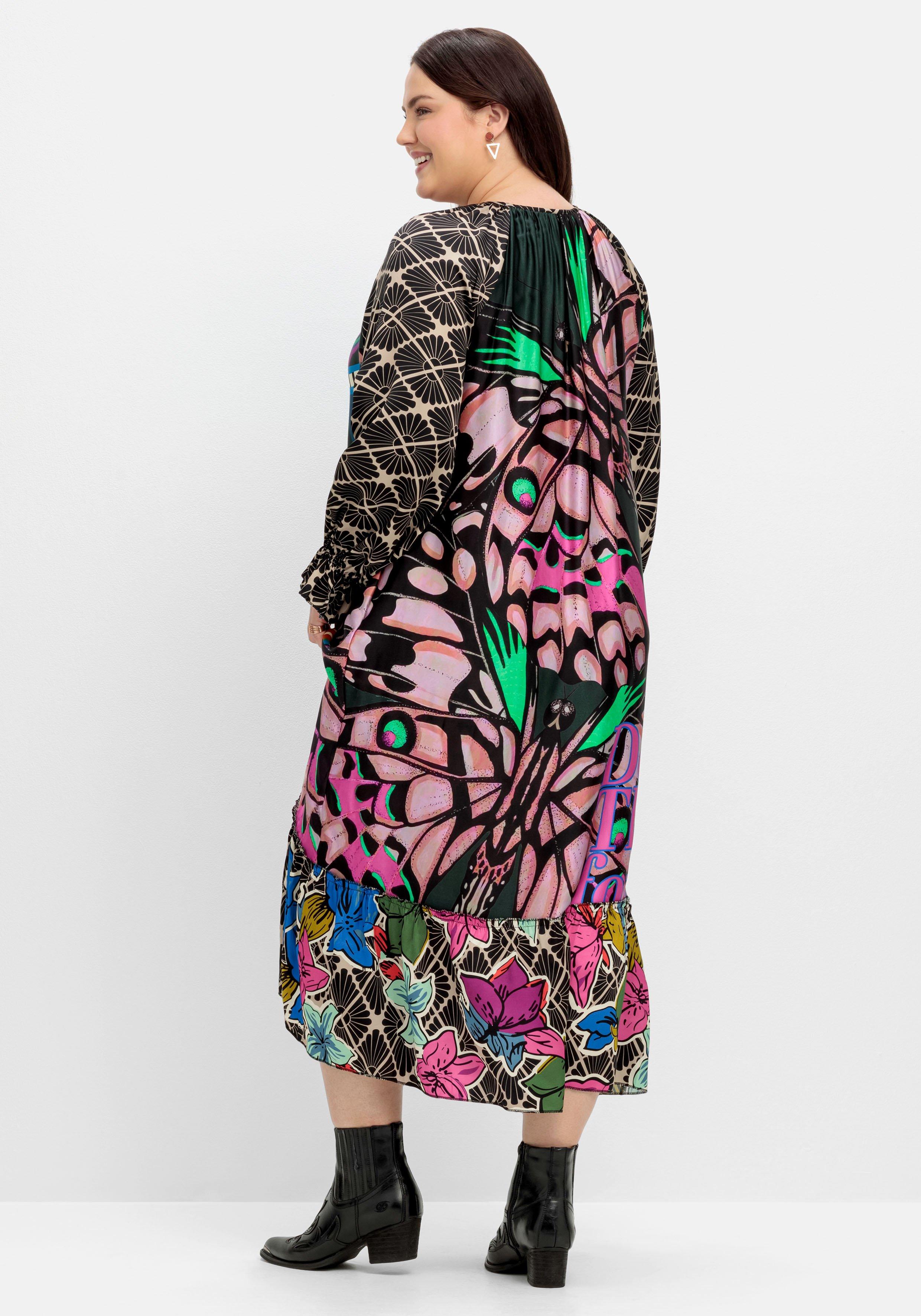 Maxikleid mit Volant und buntem Alloverdruck
