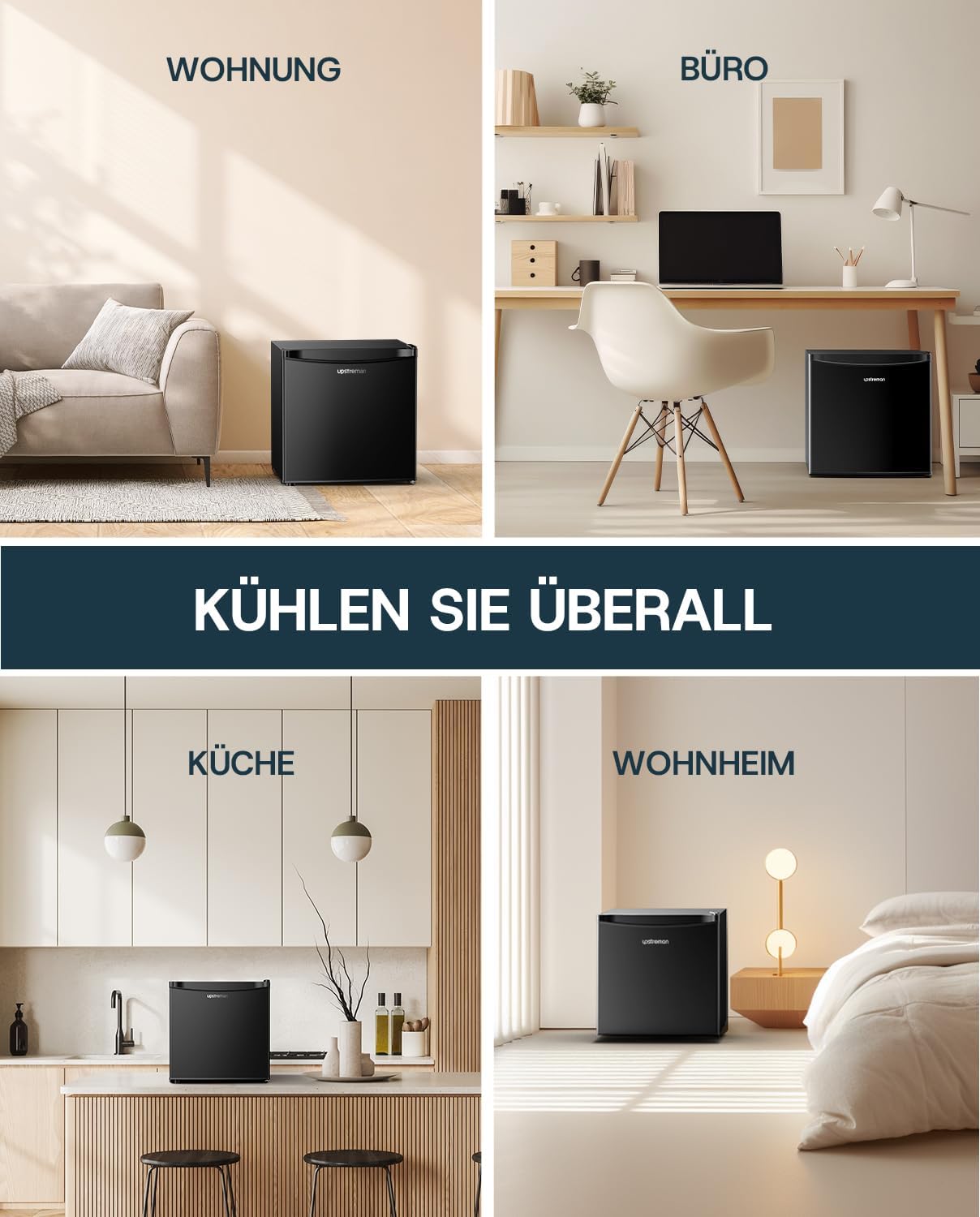 Upstreman 46L Mini-Kühlschrank mit Gefrierfach, Energiesparend und Leise - Kleiner Kühlschrank Ideal für Schlafzimmer und Wohnräume