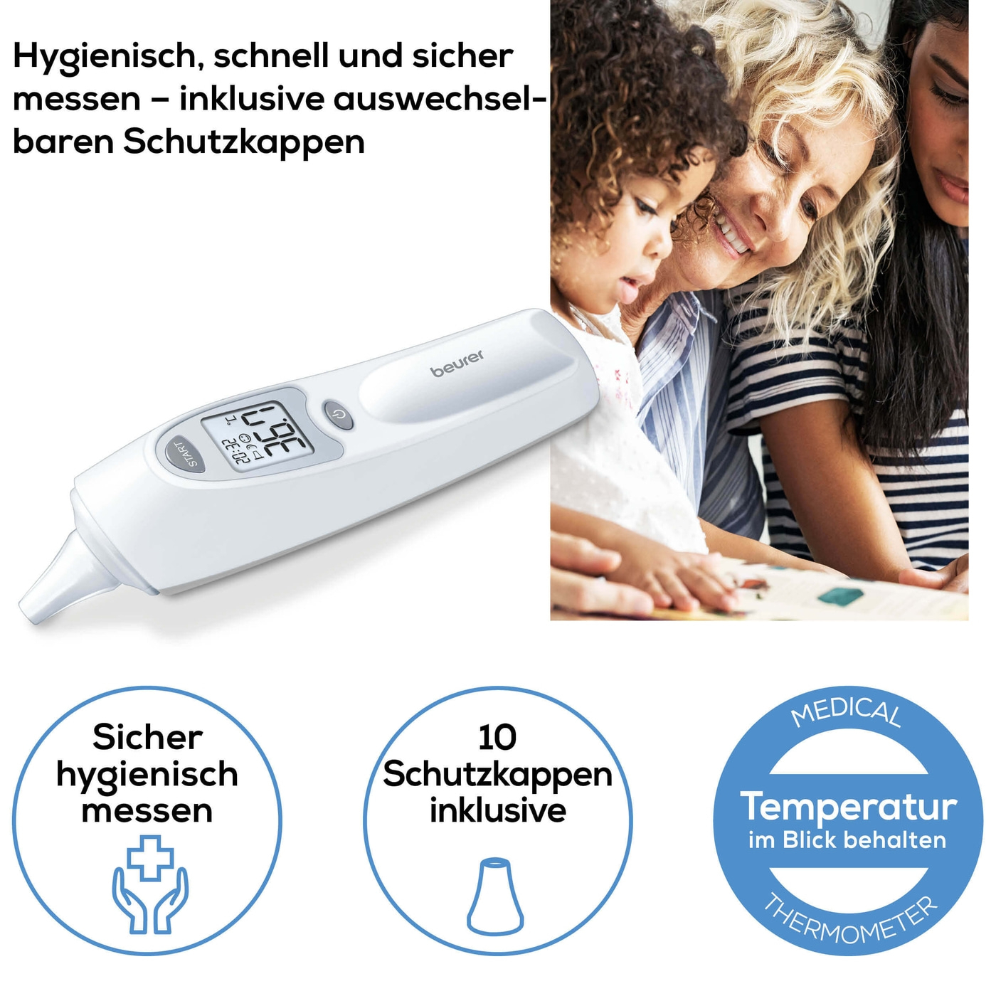 FT 58 Ohrthermometer Infrarot Fieberthermometer Temperatur Messgerät (°C/°F) inkl. Batterien  (79533) - Weiss