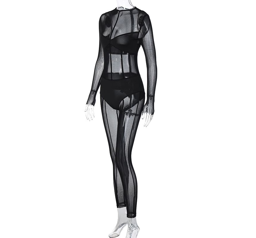 Ragom - Skinny jumpsuit met lange mouwen en een mockneck, effen mesh