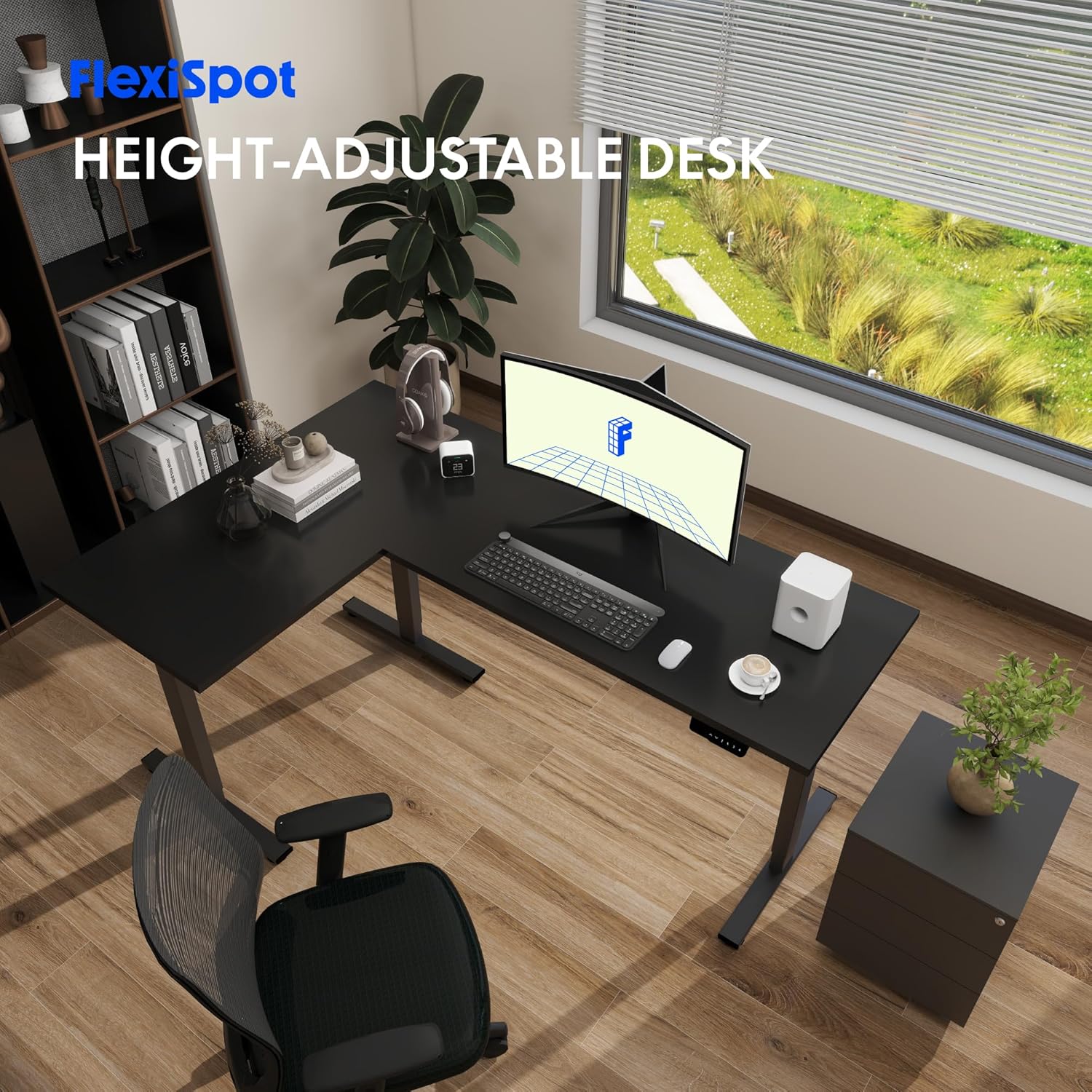 FLEXISPOT 180 * 120cm Höhenverstellbarer Schreibtisch Elektrisch, mit 4 Speicher-Tasten，L-förmiger Eckschreibtisch mit 3 Beinen, Verstellbarer Schreibtisch (Schwarz)