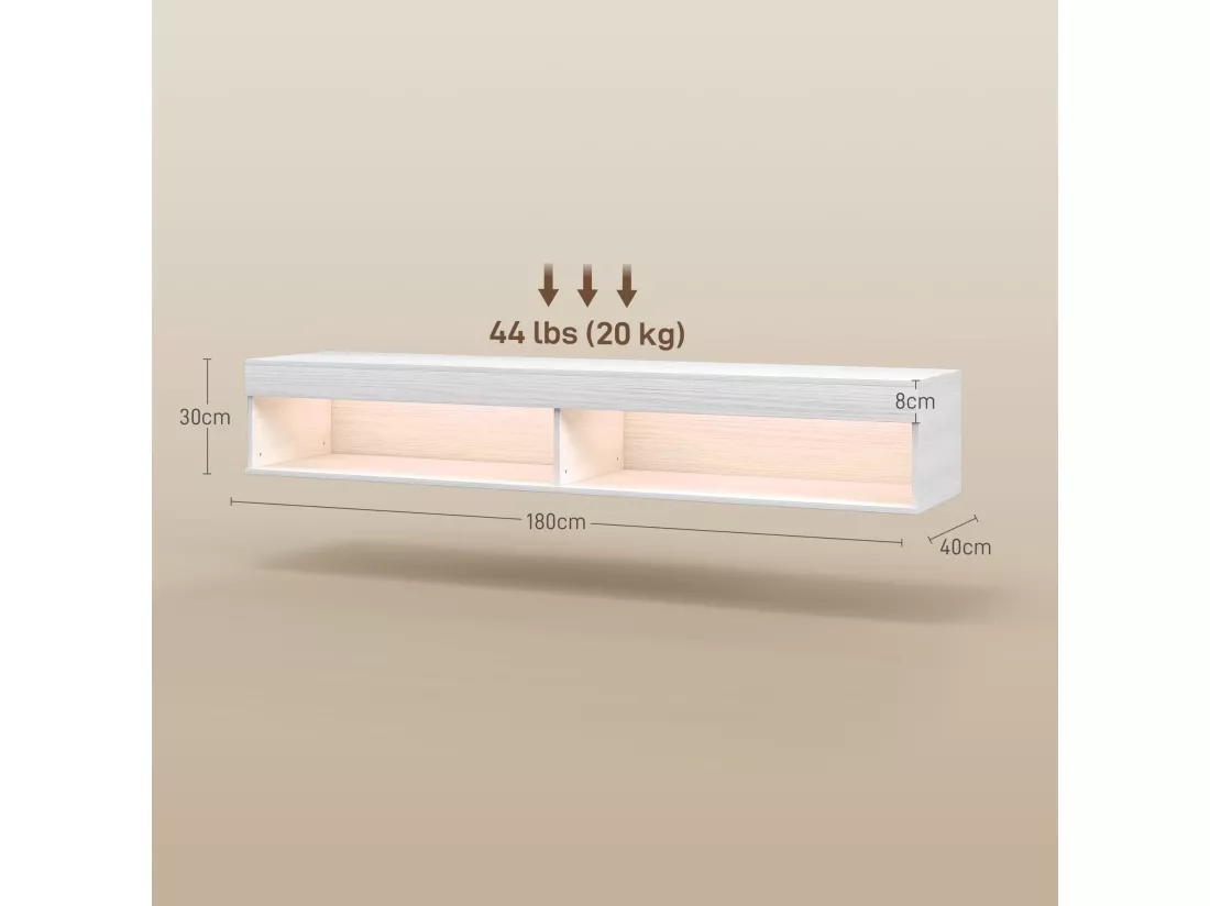 Meuble TV design LED suspendu mural - 75 pouces max. - 2 niches - dim. 180L x 40l x 30H cm - aspect bois blanc
