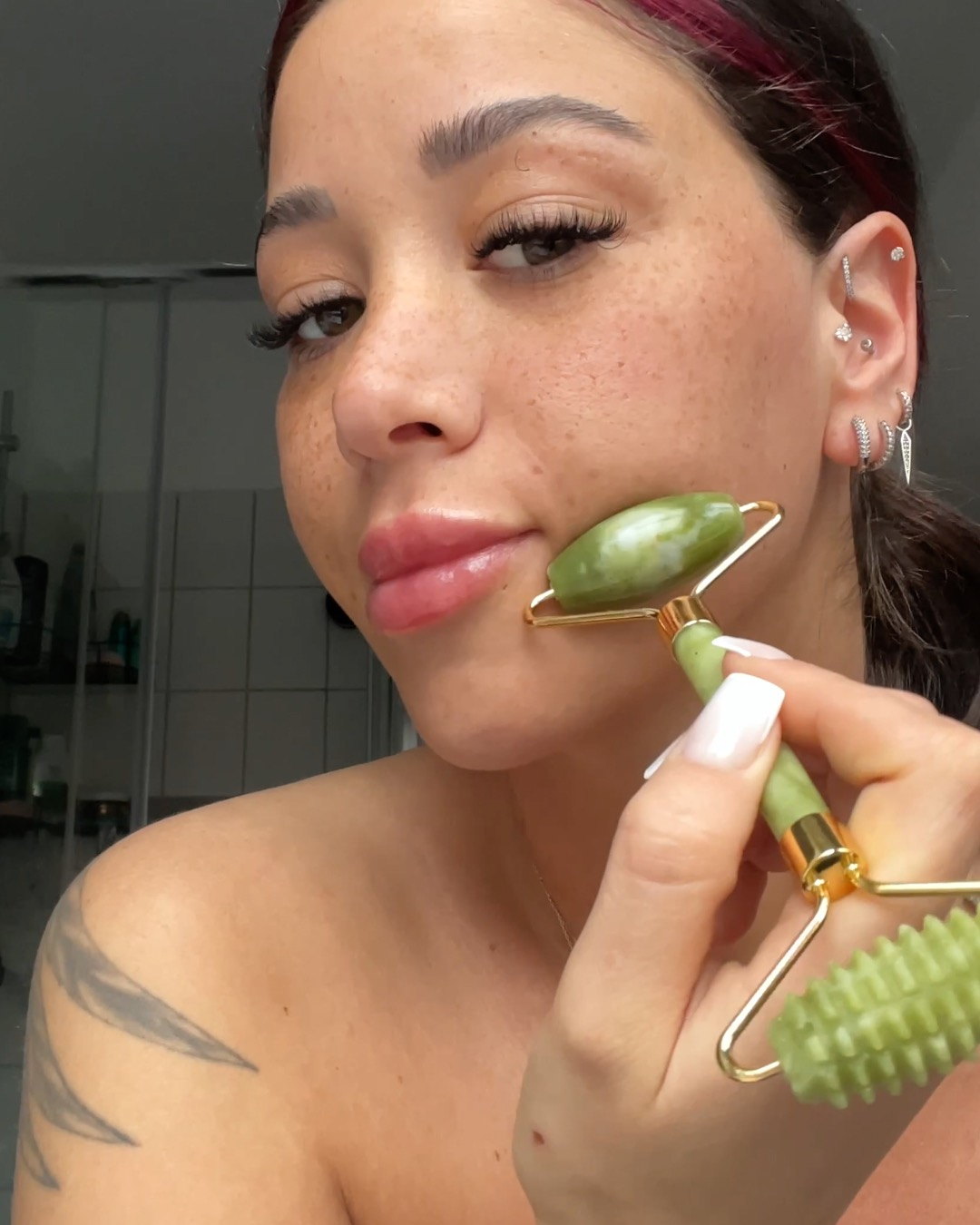 (2-tlg. Set) Gua Sha Jade Roller Gesichts Massage Schaber - Weiss