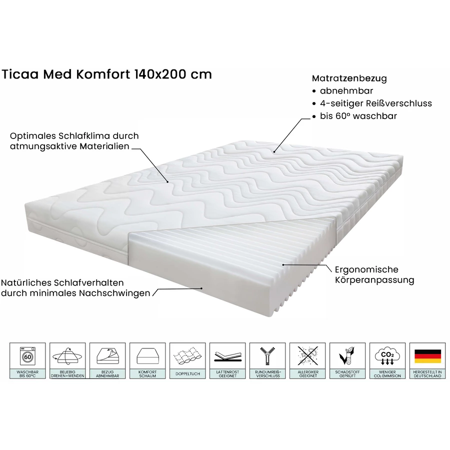 TICAA Matratze Ticaa Med 140x200 cm Komfort Weiß